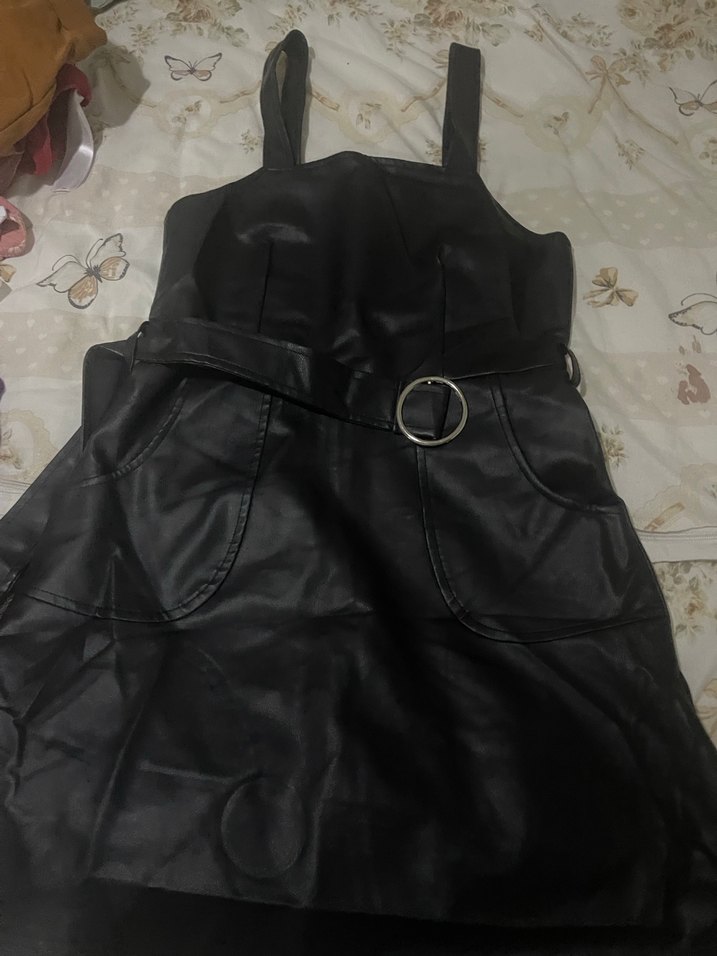 Siyah Deri Midi Elbise Kemerli - Görsel 4