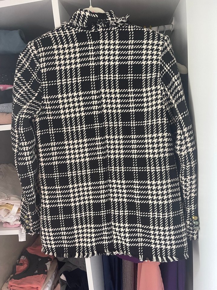 Düğmeli Siyah Beyaz Ekose Kadın Blazer - Görsel 3