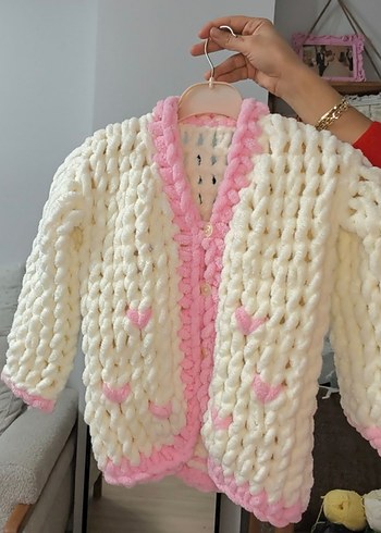 Kız Çocuk Beyaz Pembe Örgü Hırka - Görsel 2