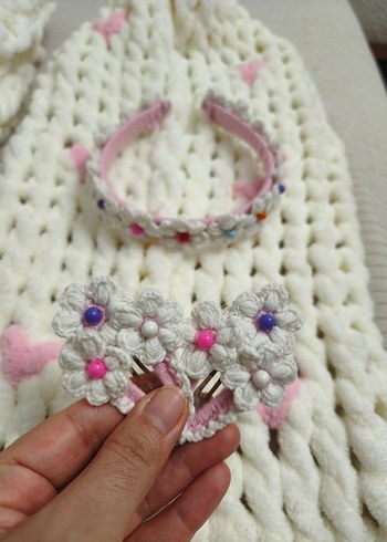 Kız Çocuk Beyaz Pembe Örgü Hırka - Görsel 6