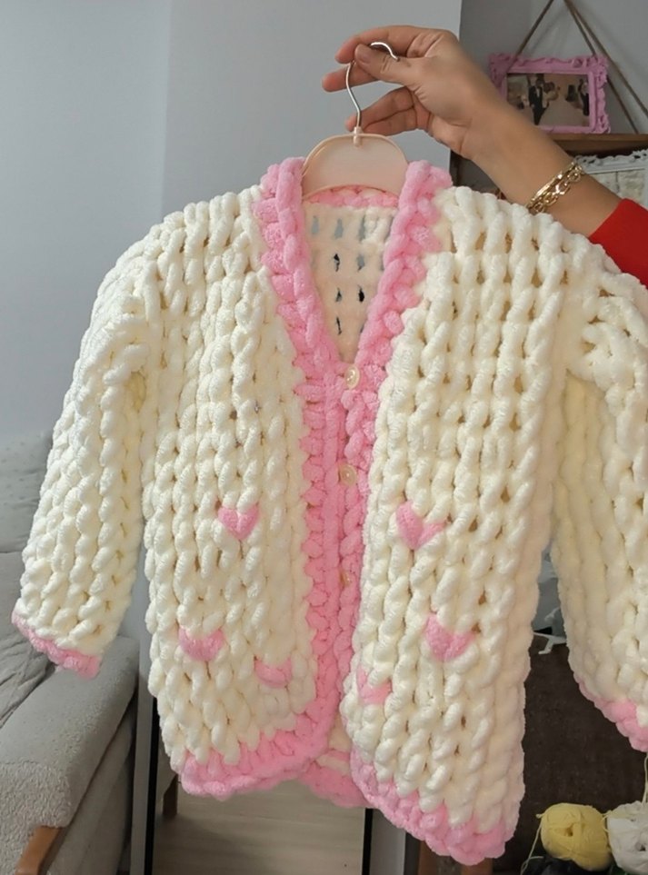 Kız Çocuk Beyaz Pembe Örgü Hırka - Görsel 2
