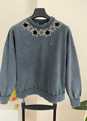 Twist Payetli Nakışlı Gri Denim Sweatshirt