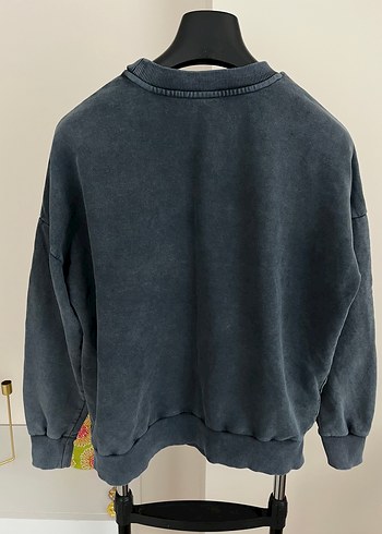 m Beden lacivert Renk Payetli Nakışlı Gri Denim Sweatshirt