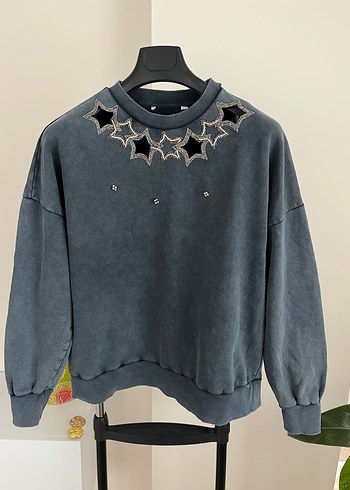 m Beden Payetli Nakışlı Gri Denim Sweatshirt