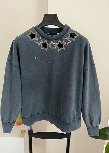 Payetli Nakışlı Gri Denim Sweatshirt