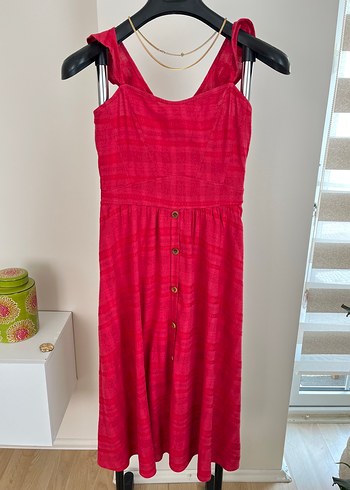Pembe Midi Keten Elbise