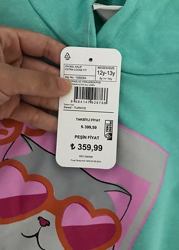 Turkuaz Kapüşonlu Baskılı Kedi Sweatshirt - Görsel 3