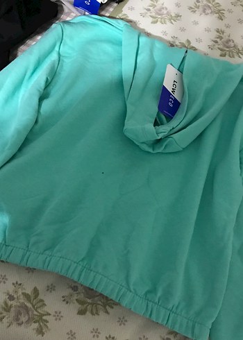 Turkuaz Kapüşonlu Baskılı Kedi Sweatshirt - Görsel 5