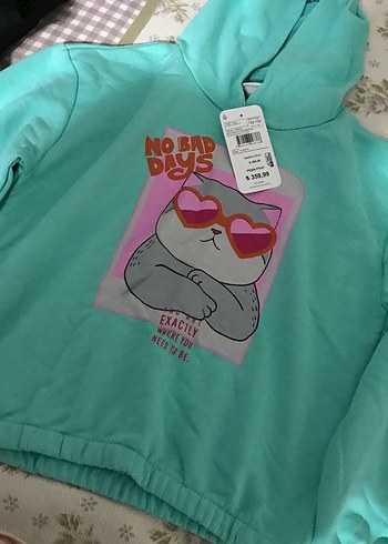 Turkuaz Kapüşonlu Baskılı Kedi Sweatshirt - Görsel 2