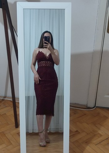 s Beden Bordo Dantel Detaylı Midi Abiye Elbise