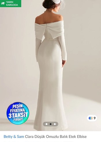 Uzun Kollu Straplez Beyaz saten elbise - Görsel 3