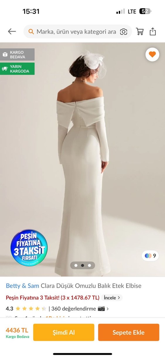 Uzun Kollu Straplez Beyaz saten elbise - Görsel 3