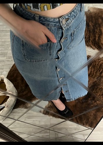 Düğmeli Mavi Midi Denim Etek