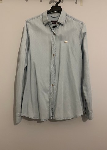 Gri Denim Düğmeli Uzun Kollu Kadın Gömlek
