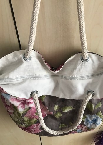 Gri Çiçek Desenli Bohem Plaj Çantası - Görsel 4