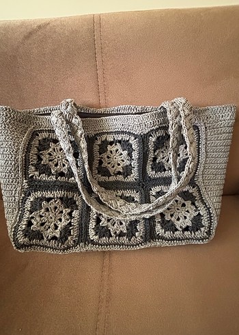Gri Nakışlı Örgü Bohem Kadın Çanta - Görsel 2