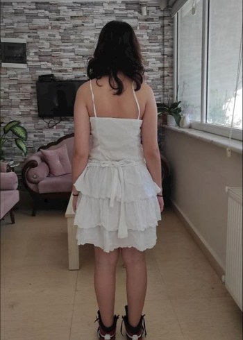 Beyaz Kat Kat Mini Elbise yazlık katkat elbise dizüstü kısa - Görsel 4