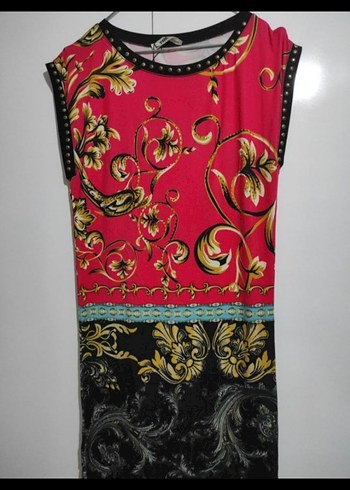 Kırmızı Desenli Kolsuz Mini elbise - Görsel 6