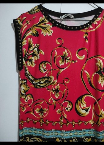 Kırmızı Desenli Kolsuz Mini elbise - Görsel 4