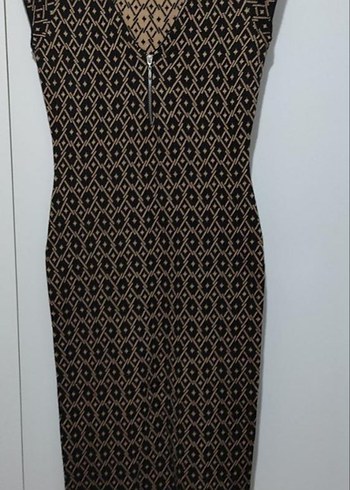 Yuvarlak Yaka Desenli kahverengi diz altı Elbise - Görsel 2