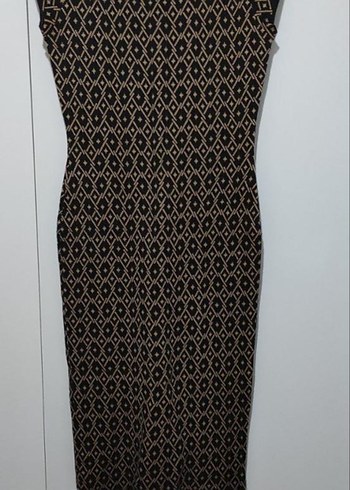 Yuvarlak Yaka Desenli kahverengi diz altı Elbise - Görsel 5