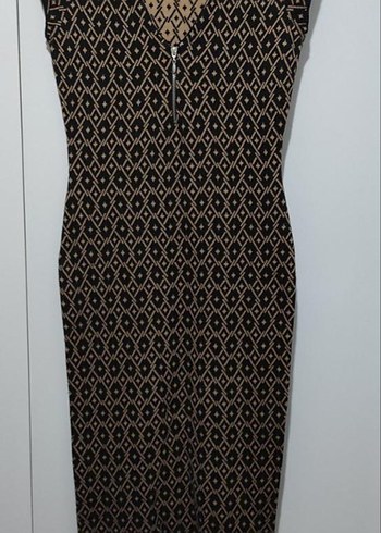 Yuvarlak Yaka Desenli kahverengi diz altı Elbise - Görsel 6