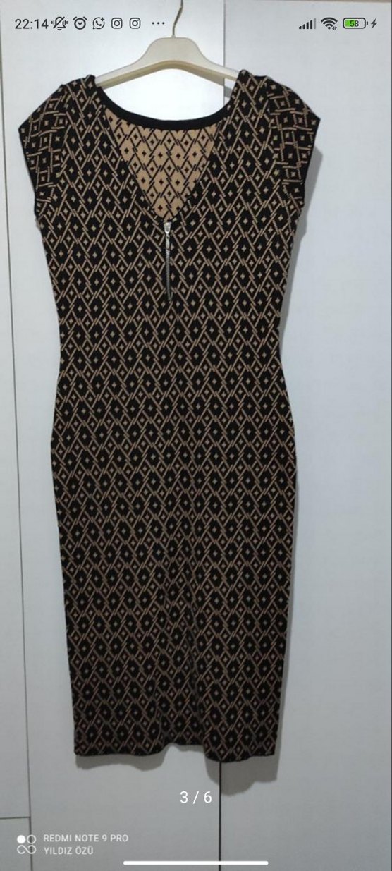 Yuvarlak Yaka Desenli kahverengi diz altı Elbise - Görsel 2