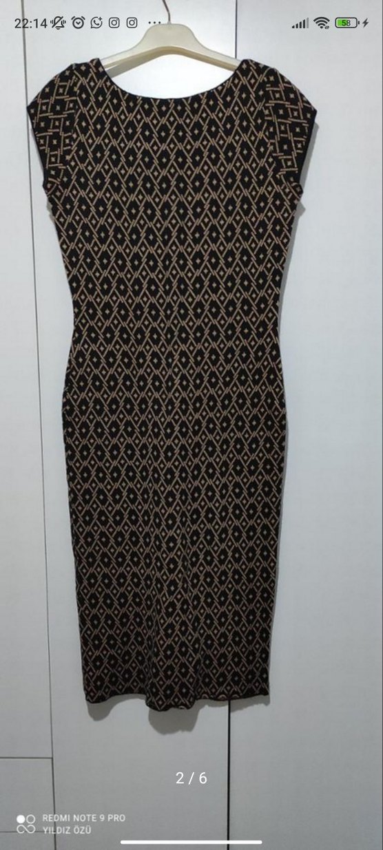 Yuvarlak Yaka Desenli kahverengi diz altı Elbise - Görsel 5