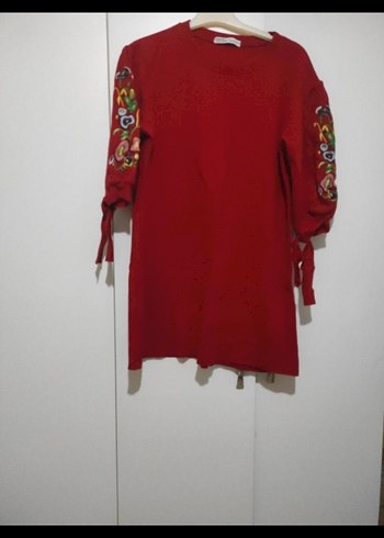 Nakışlı Bohem Kırmızı Triko Tunik - Görsel 4