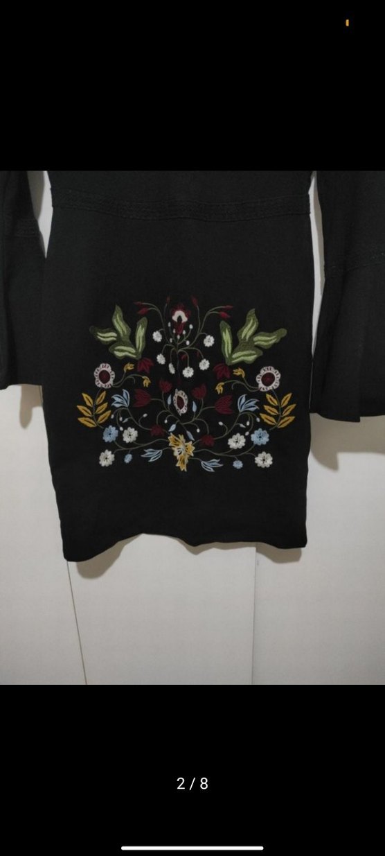 Uzun Kollu İşlemeli Siyah Mini Elbise - Görsel 2