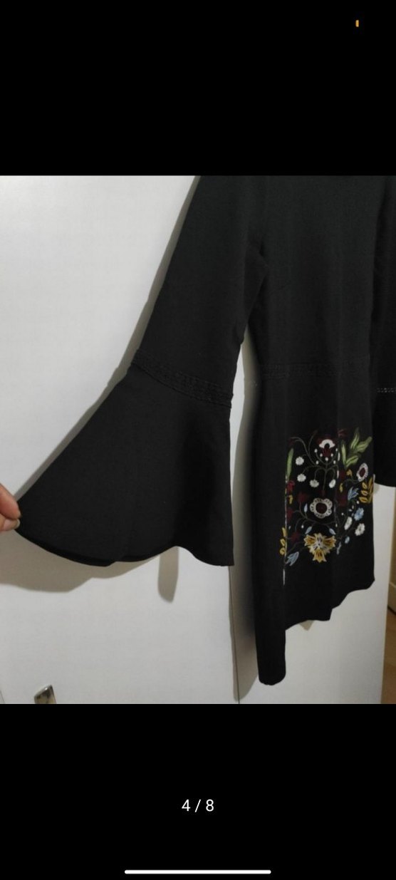 Uzun Kollu İşlemeli Siyah Mini Elbise - Görsel 5