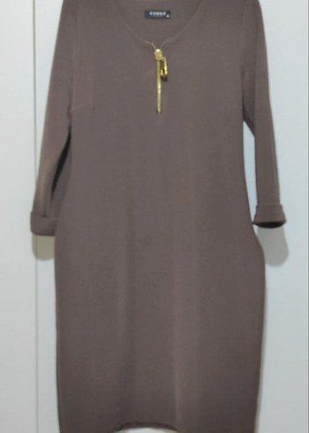 Kahverengi travukar Kollu Fermuarlı elbise - Görsel 5