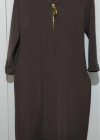 Kahverengi travukar Kollu Fermuarlı elbise - Görsel 3