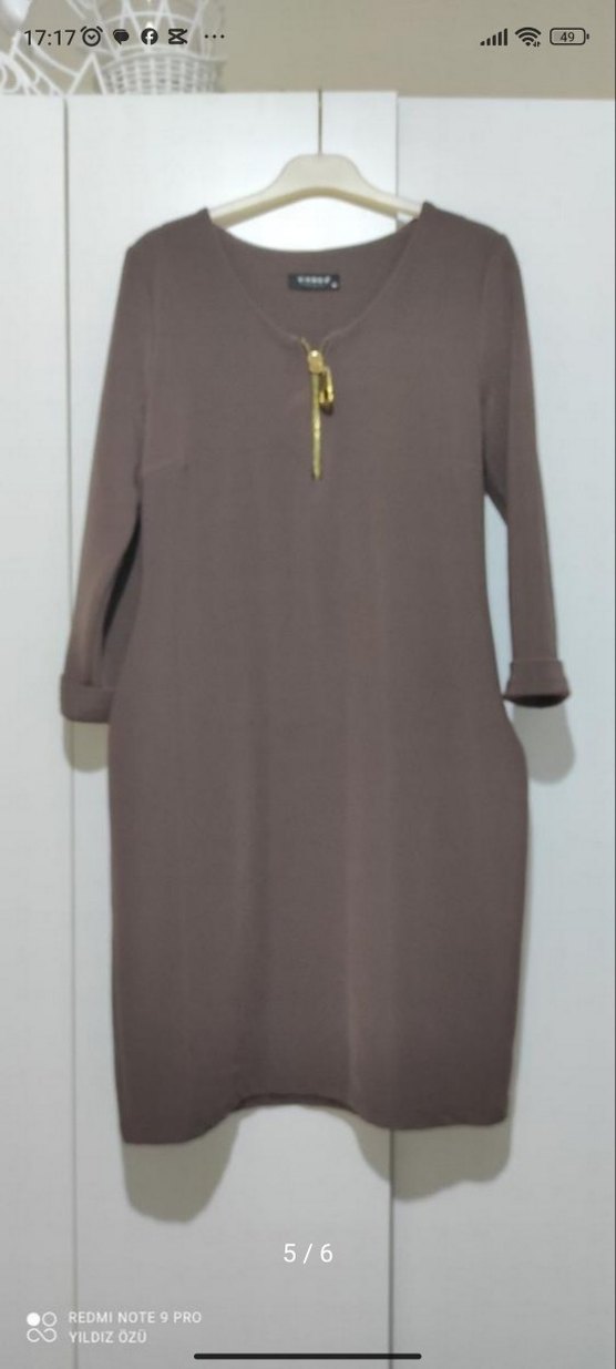 Kahverengi travukar Kollu Fermuarlı elbise - Görsel 5