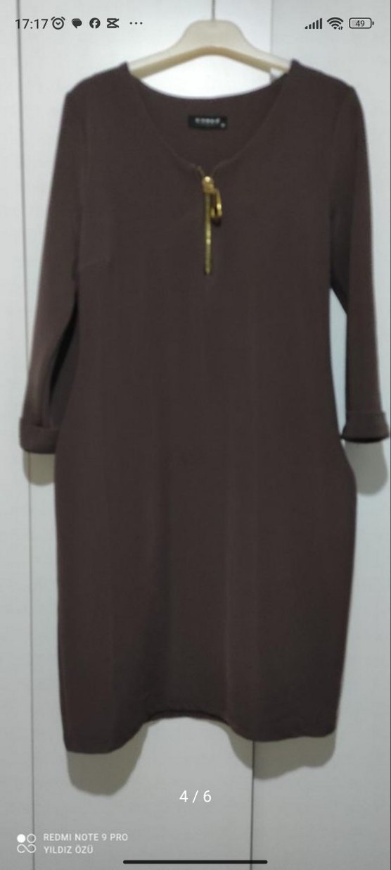 Kahverengi travukar Kollu Fermuarlı elbise - Görsel 3