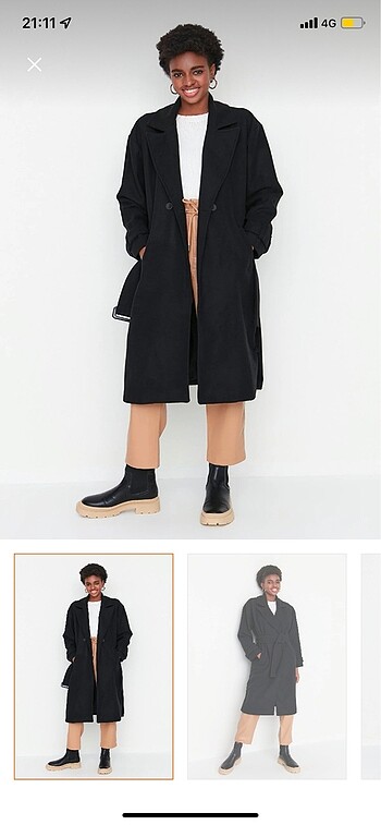 siyah oversize kemerli kaşe kaban