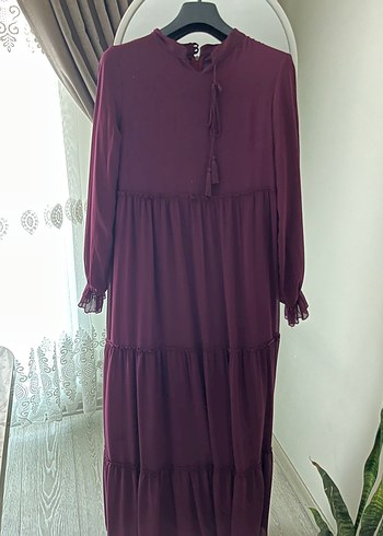 Mor Uzun Kollu Volanlı Bohem Elbise