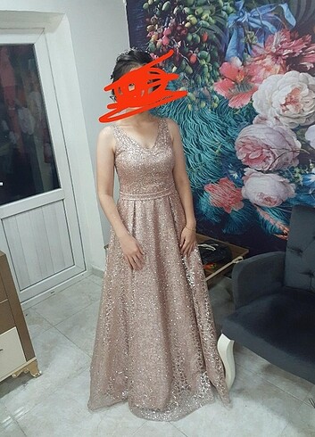 Toz pembe uzun sık abiye 