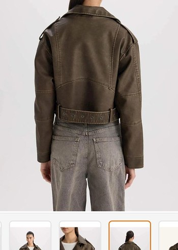 Kahverengi Deri Kemerli Biker Ceket - Görsel 2