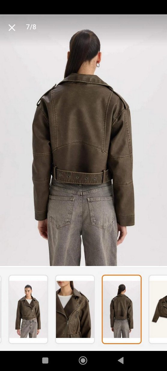 Kahverengi Deri Kemerli Biker Ceket - Görsel 2