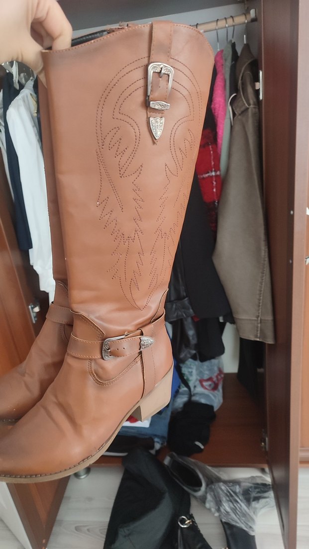 Kahverengi Nakışlı Deri Kadın Çizme - Görsel 5