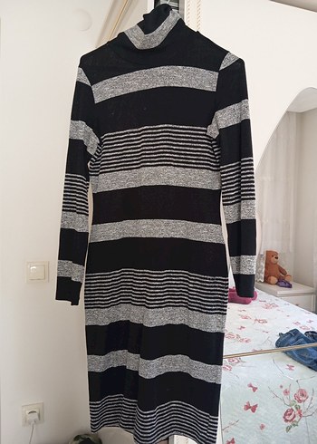 m Beden gri Renk Gri Çizgili Uzun Kollu Kadın Triko Elbise