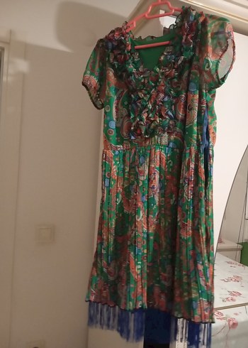 American Vintage Renkli Desenli Bohem Piliseli Uzun Elbise