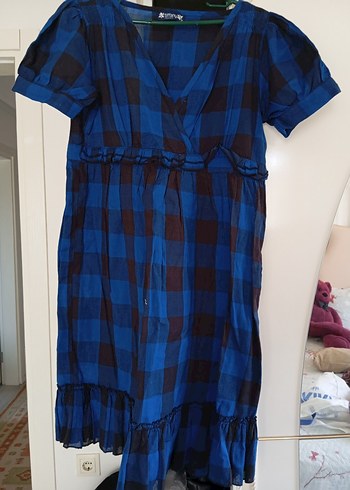 Zara Mavi Kareli V Yaka Tunik elbise