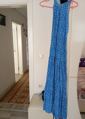Mavi Uzun Askılı Bohem Elbise halter yaka tiril yazlık