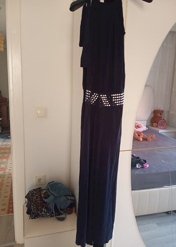 Kemer Detaylı Lacivert Uzun Halter tulum