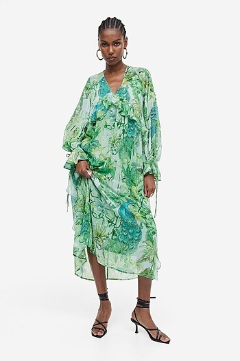 H&M Yeşil Desenli Uzun Elbise Xs