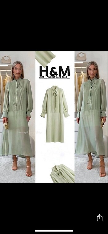 H&M H&M Yeşil Nervürlü Uzun Şifon Elbise S