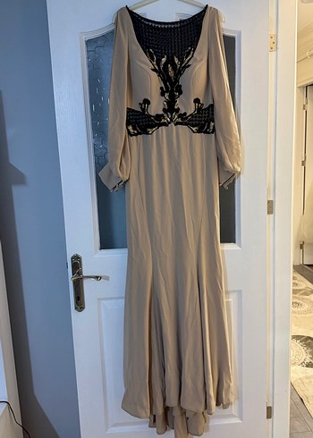 Uzun Kollu, Drapeli, Straplez Bej Vintage Elbise - Görsel 3