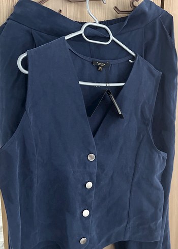 Massimo Dutti Mavi Pilili Kadın Keten Pantolon ve yelek